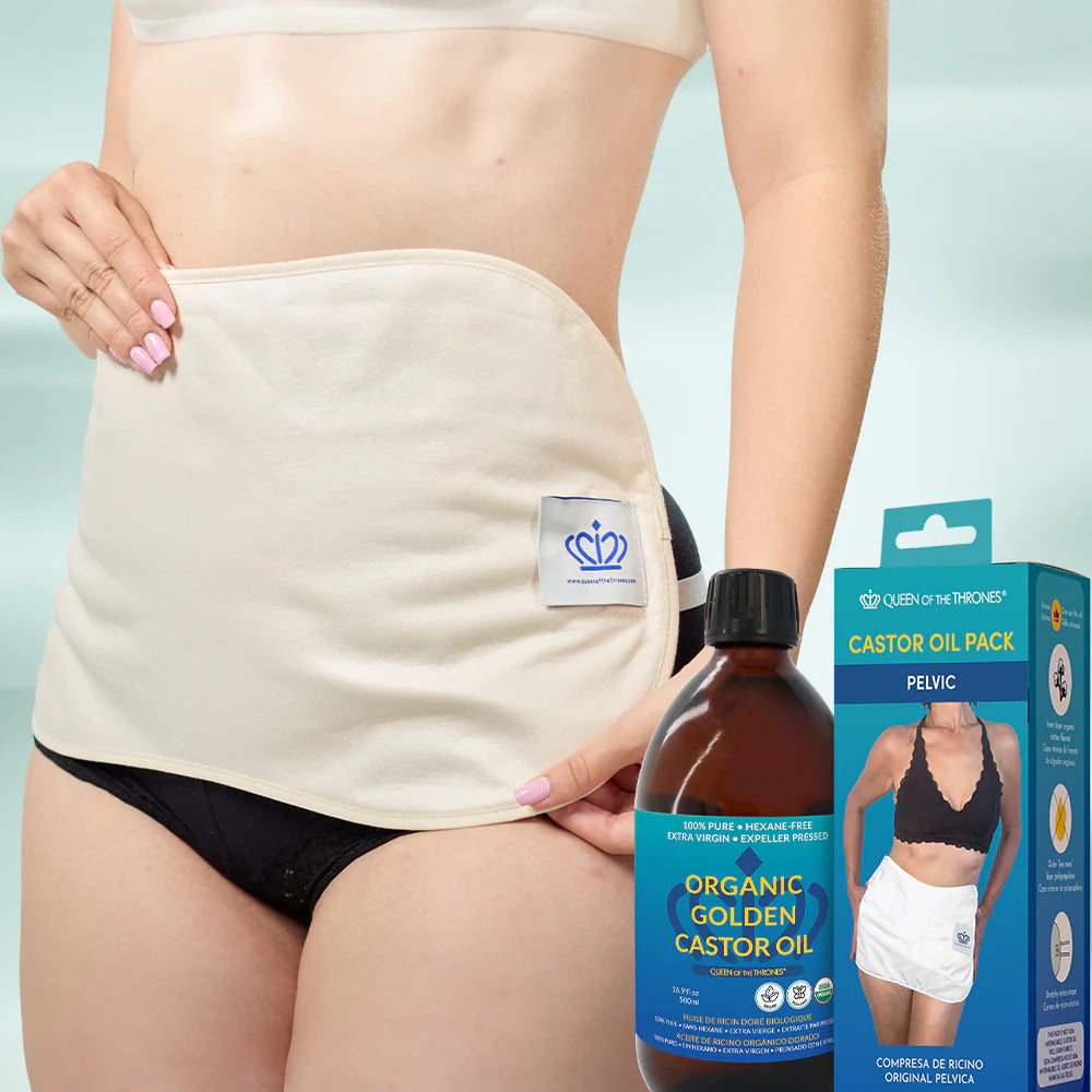 Queen of the Thrones Pelvic Castor Oil Pack Kit + Organic Golden Castor Oil 16.9oz